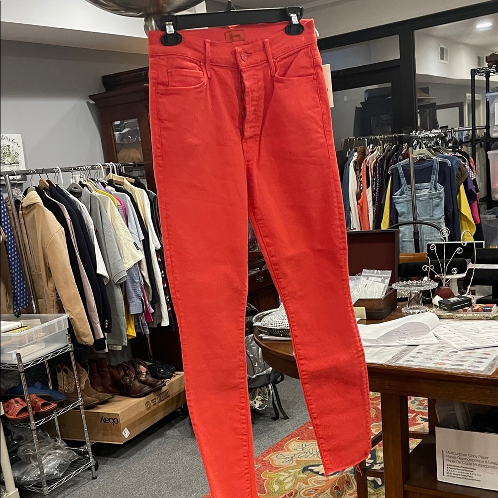 NWT Mother The Stunner Ankle Fray Jeans Size 26 Tomato Red Skinny Crop Denim